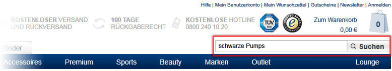 Suchfeld auf der Zalando Webseite