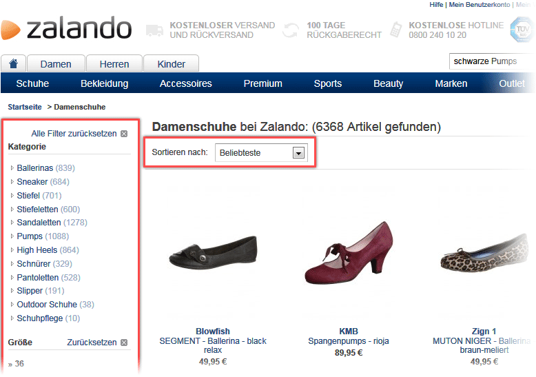 Die Filterleiste und die Sortieroptionen auf der Zalando Webseite