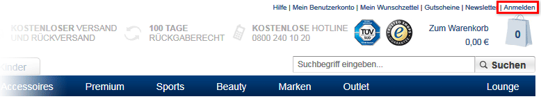 Anmelde-Link auf der Webseite