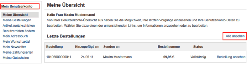 Start-Ansicht im Benutzerkonto