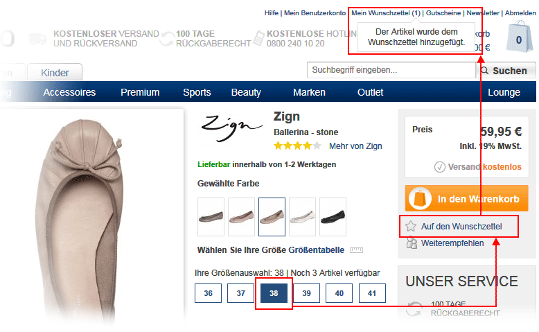 Wählen Sie die Größe aus und klicken Sie 'Auf den Wunschzettel'
